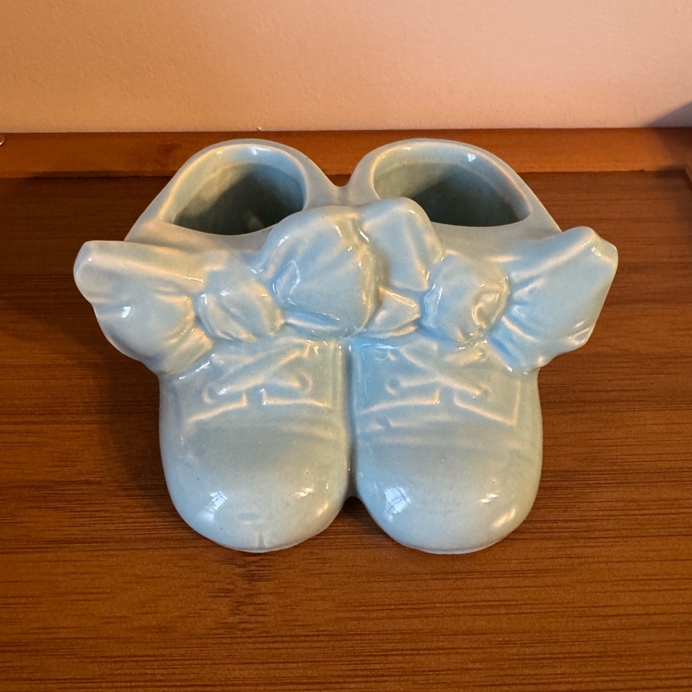 Ceramic Baby Shoes Planter Light Blue adorable accent to any baby room no chips